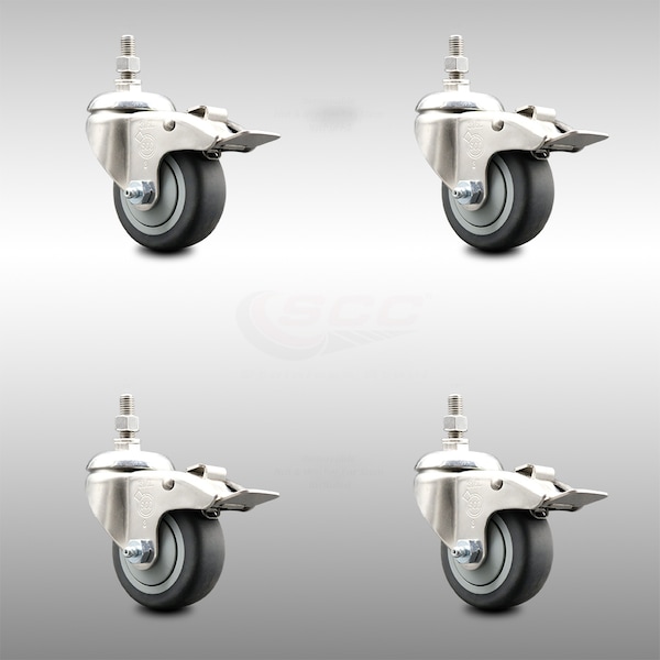 Service Caster 3 Inch 316SS Thermoplastic Rubber Swivel 1/2 Inch Stem Caster Set Lock Brake SCC SCC-SS316TSTTL20S314-TPRB-121315-4 - main